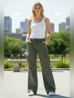 Vtg Y2K BCBGirls BCBG Olive Green Low Rise Flared Cargo Pants Sz 8 M Linen RARE